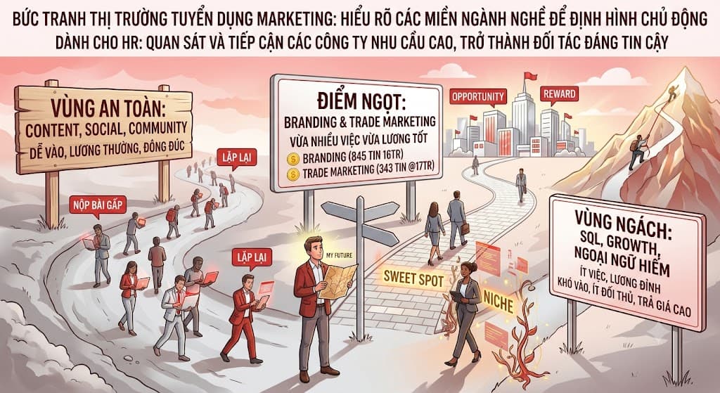 Bản đồ thị trường tuyển dụng Marketing — ba miền nghề: Vùng an toàn (Content, Social, Community), Điểm ngọt (Branding, Trade Marketing) và Vùng ngách (SQL, Growth, ngoại ngữ hiếm).